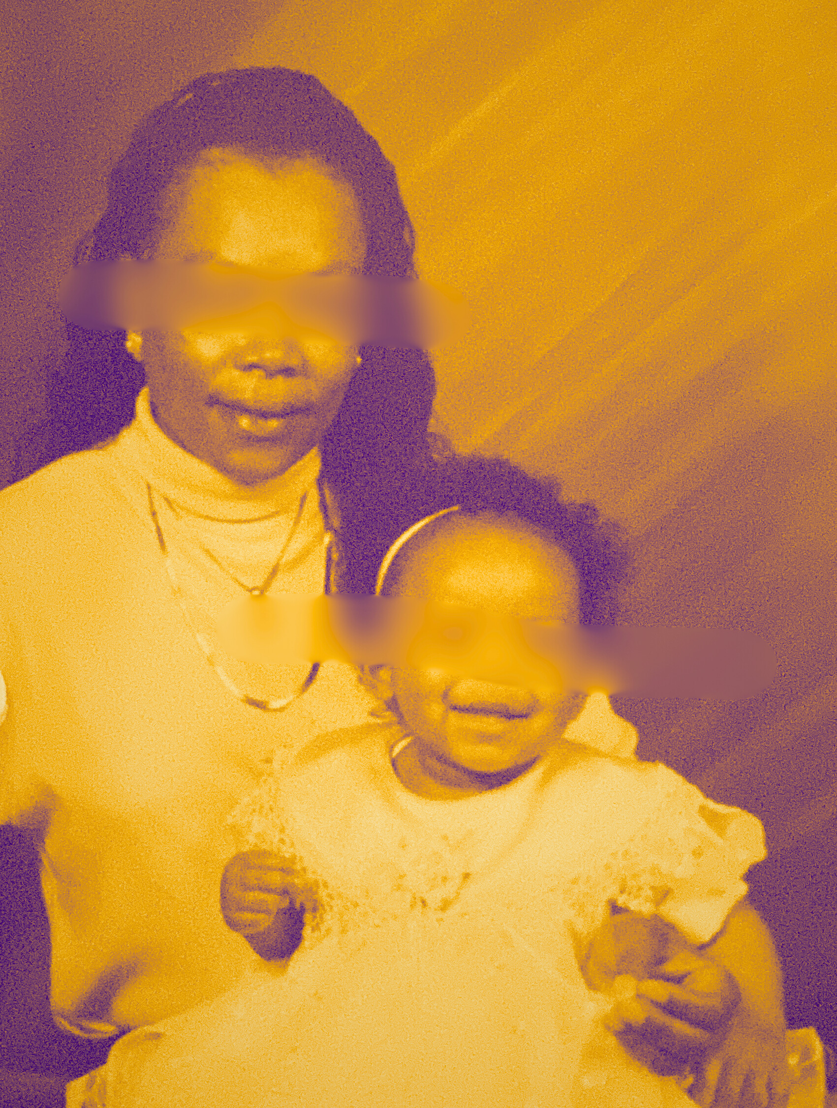 an edited photo of nitara and her grandmother with thier eyes blurred and a yellow hue obscuring the original colors of the photo